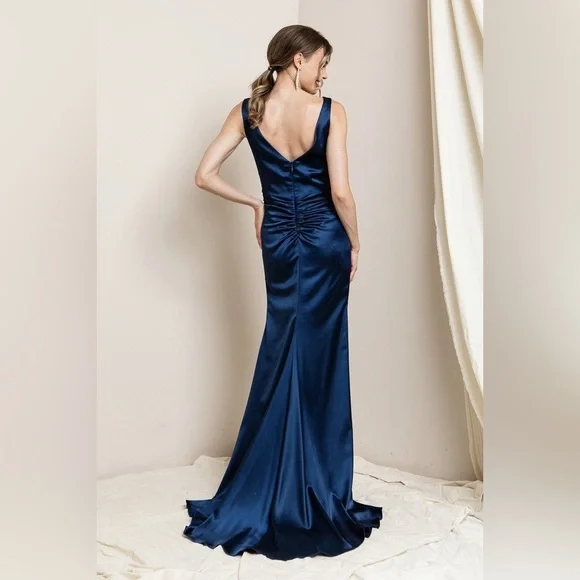 NWT Galina Signature Odette Navy Satin Gown Size 16 Formal Prom Maxi Dress - Picture 2 of 10